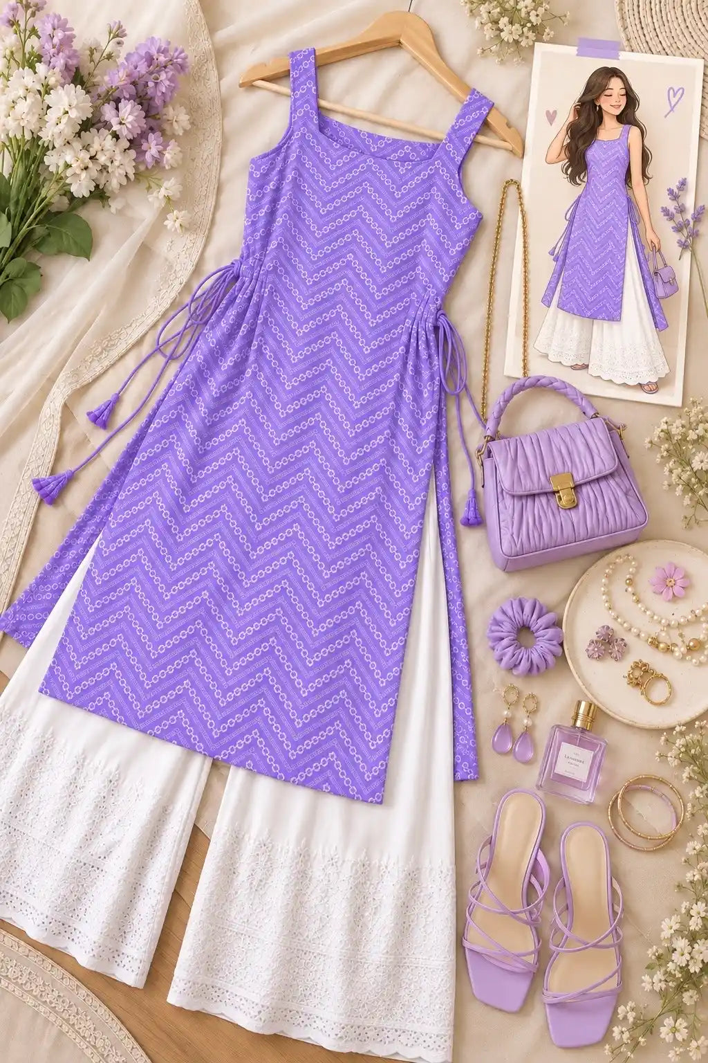Gulnaz Lavender Chevron Embroidered Kurta