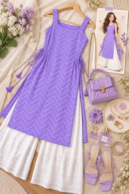 Gulnaz Lavender Chevron Embroidered Kurta