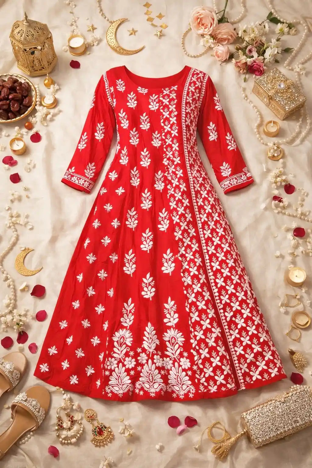 Scarlet Red Meher Chikan Embroidered Anarkali