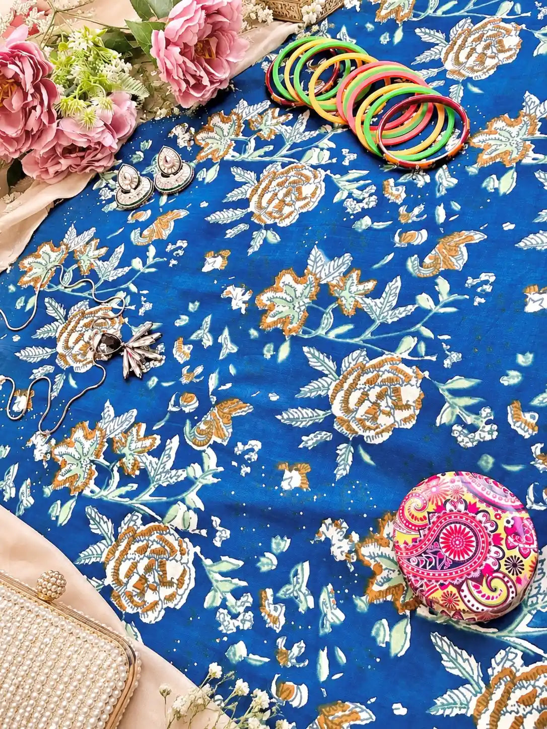 Royal Blue Floral Vine Printed Fabric Cut