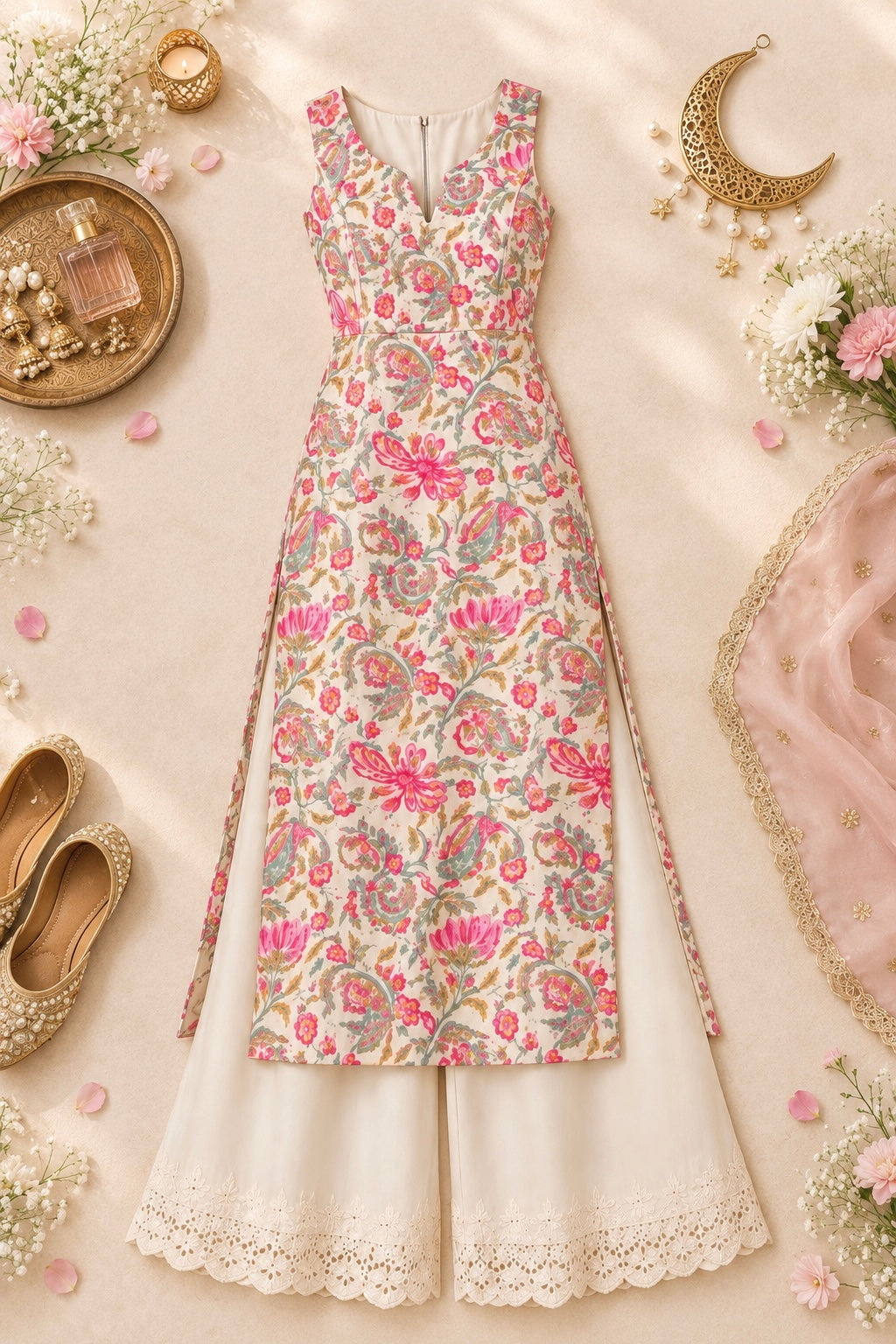 Gulnaz Ivory Paisley Floral Printed Kurta