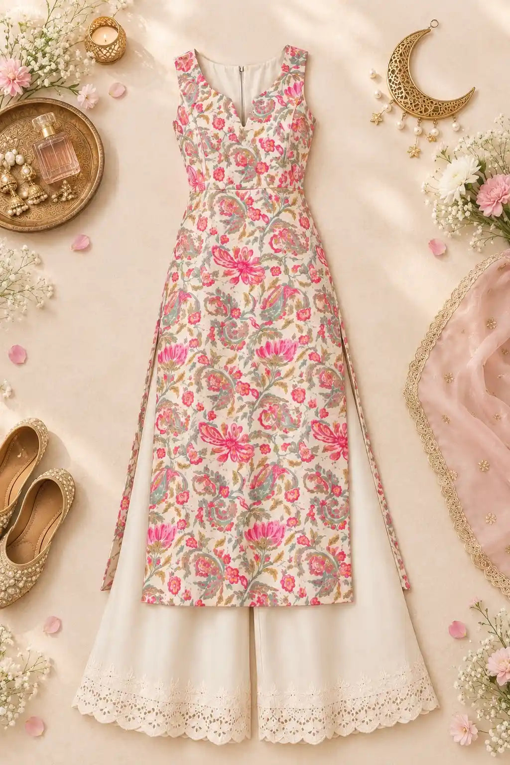 Gulnaz Ivory Paisley Floral Printed Kurta