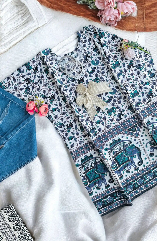 White Handprinted Short Kurta
