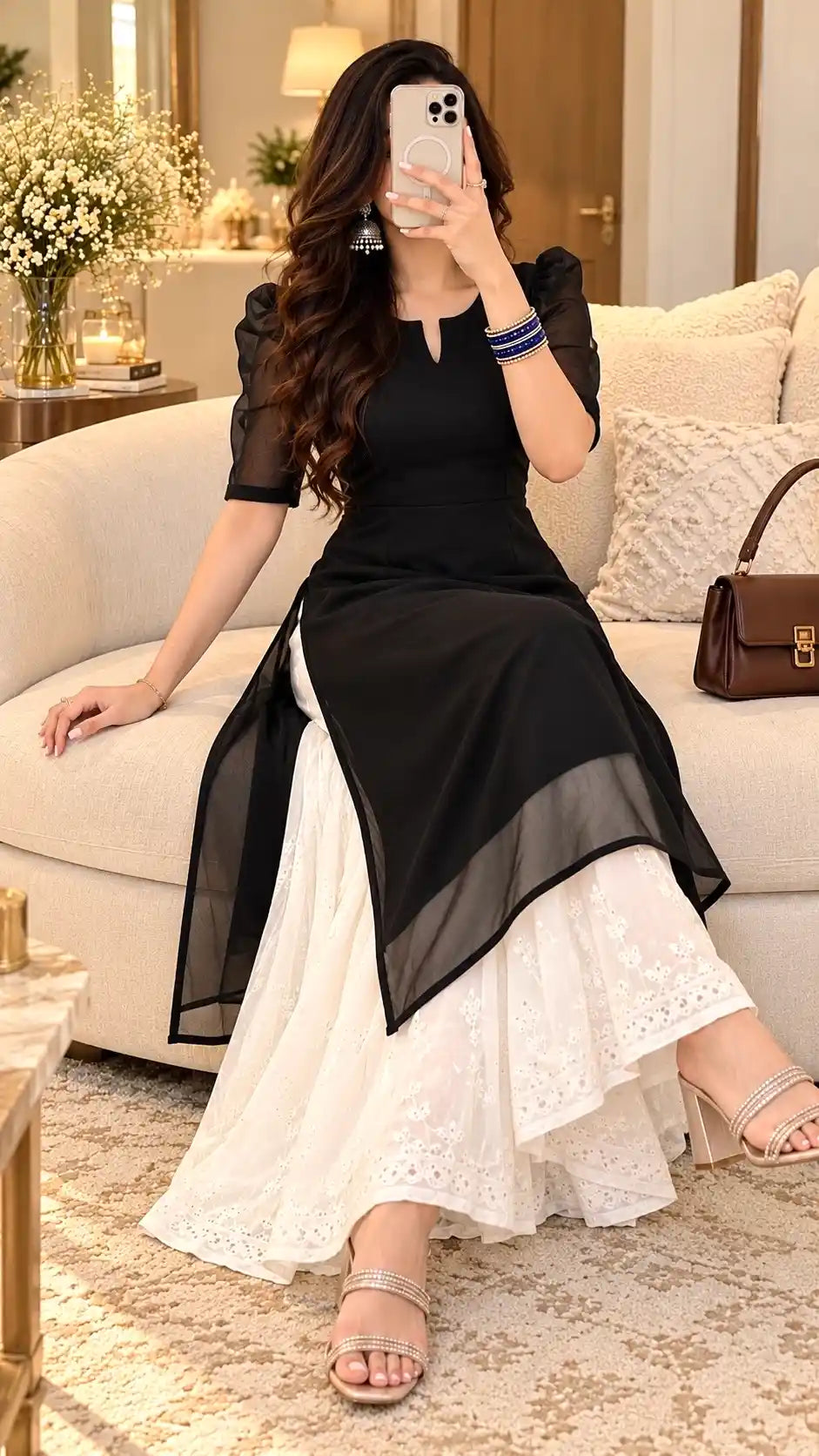 Sheer Black Puff Sleeves Kurta