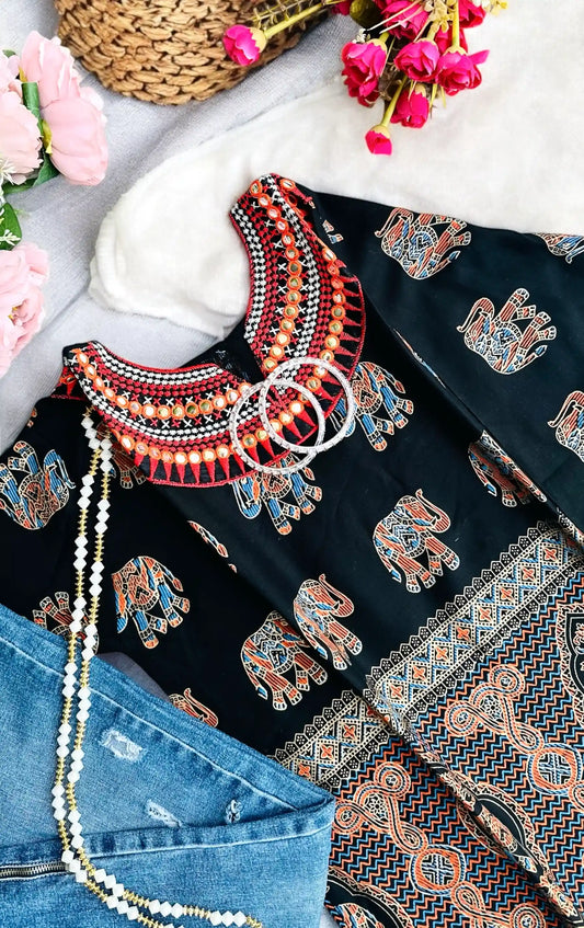 Gold Black Elephant Short Kurta