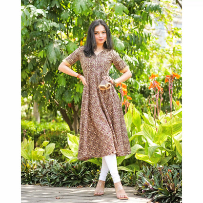 Jaipuri Handprinted Brown Gulnaz Twirl Anarkali