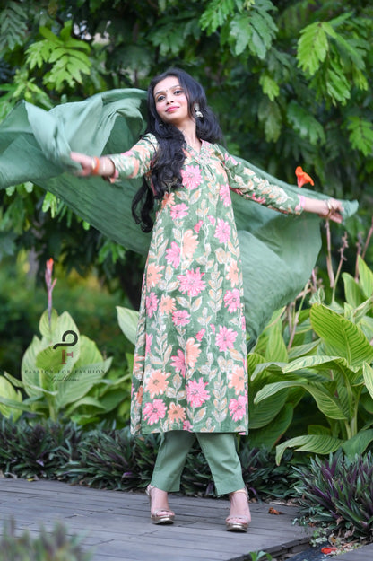 Meher Green Embroidered Floral Suit Set