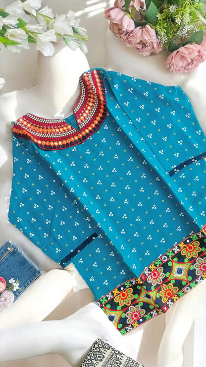Gold Blue Bandhej Short Kurta