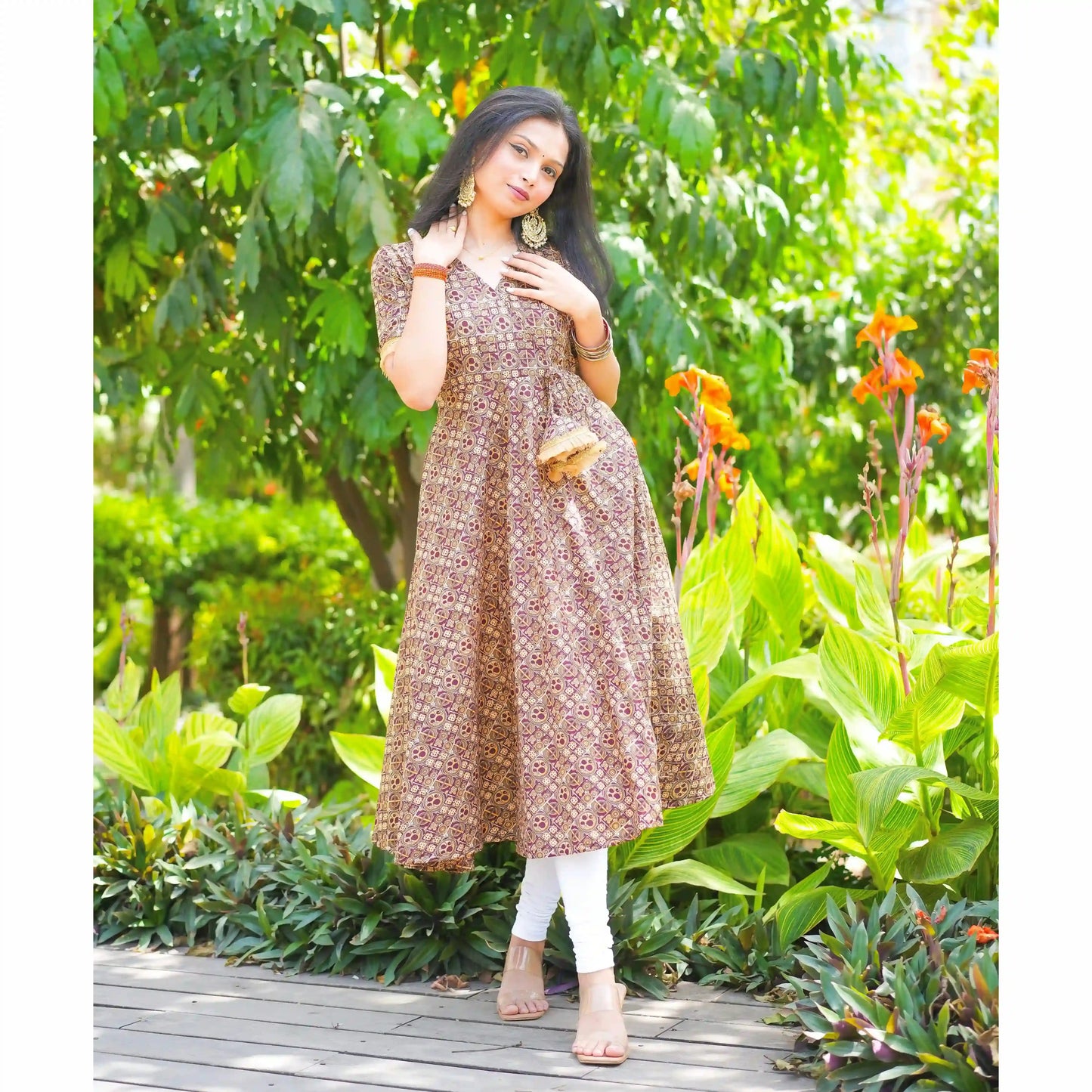 Jaipuri Handprinted Brown Gulnaz Twirl Anarkali