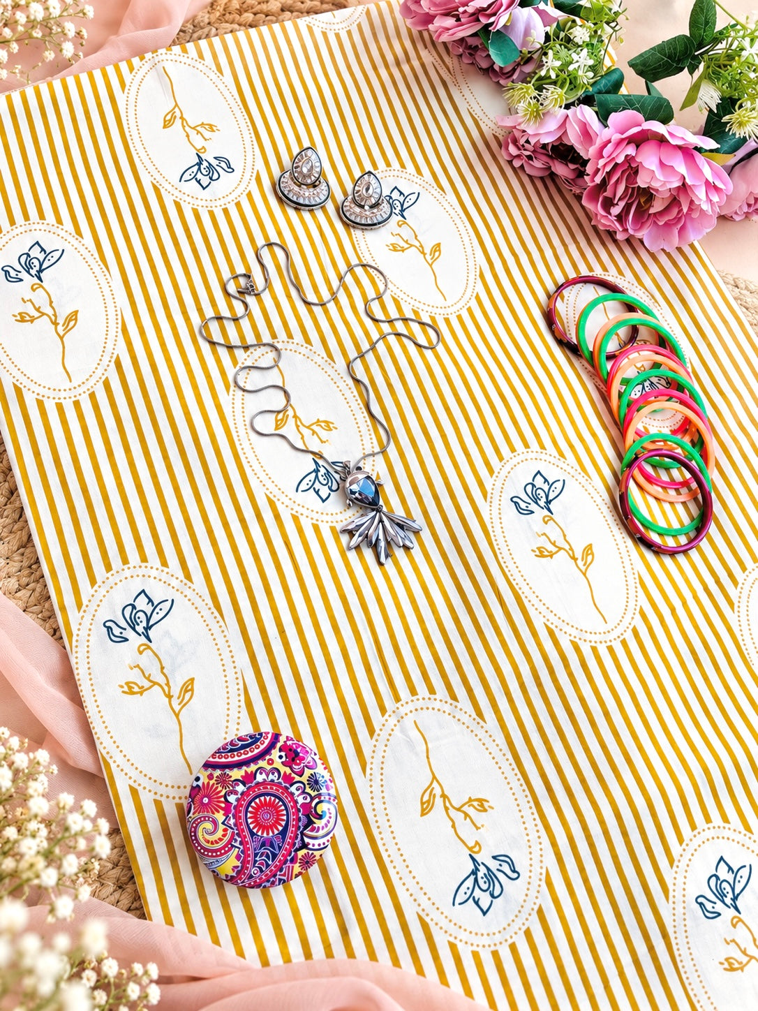 Mustard Yellow Striped Floral Printed Fabric Cut