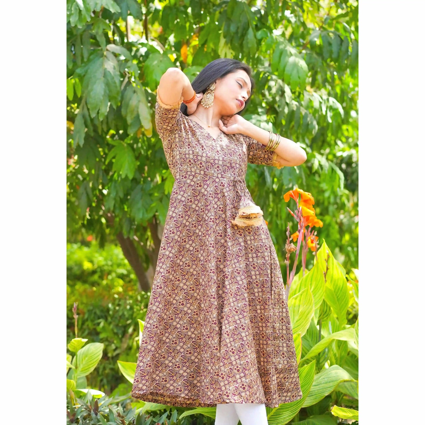 Jaipuri Handprinted Brown Gulnaz Twirl Anarkali