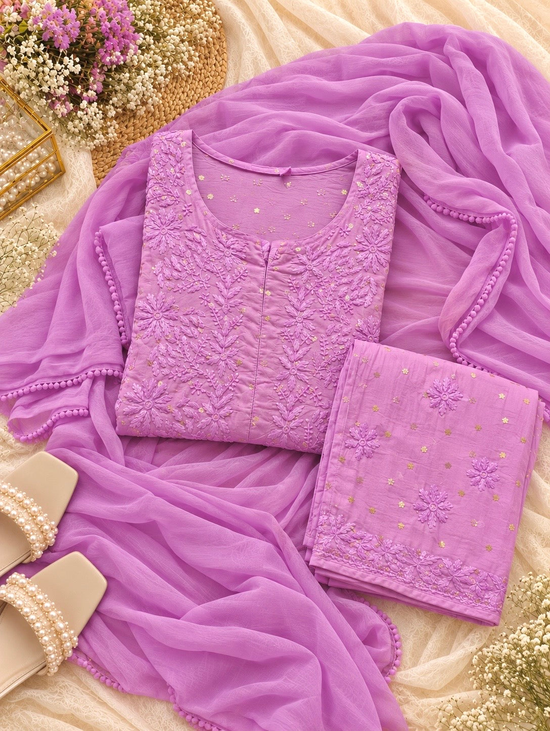 Blush Lilac Chikankari Embroidery Suit Set