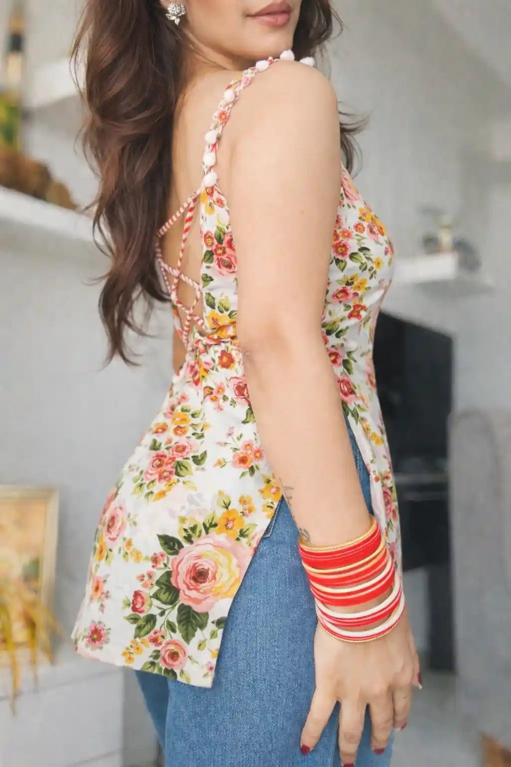 Floral Print Back Tie Gulnaz Kurta