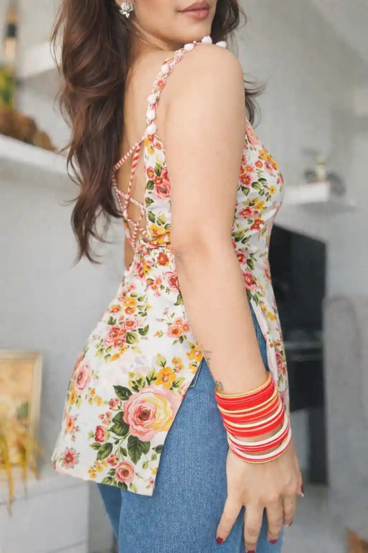 Floral Print Back Tie Gulnaz Kurta