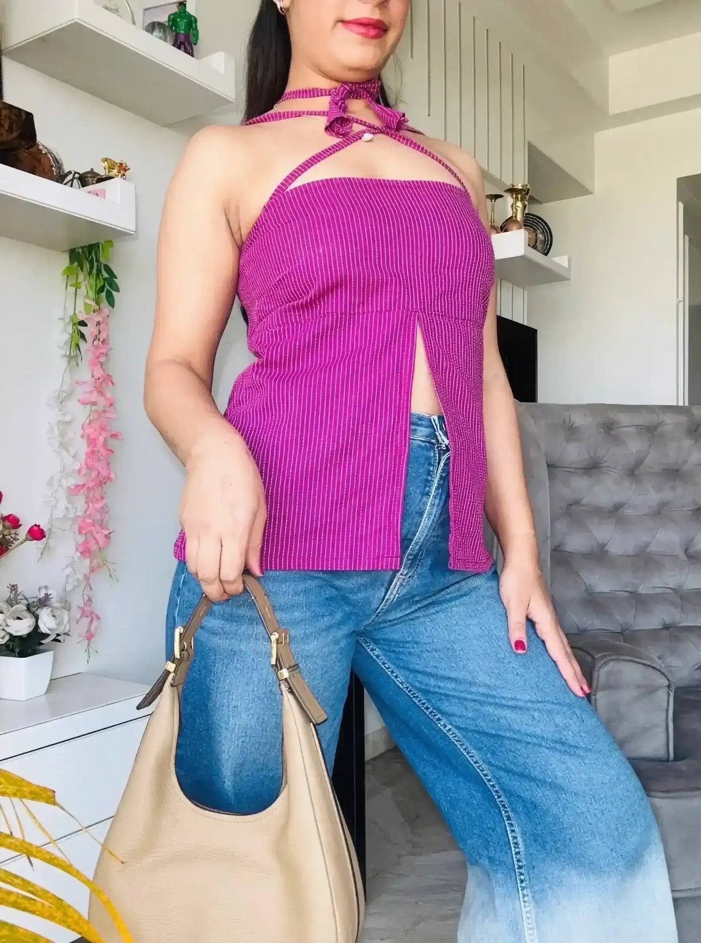 Magenta Pinstripe Halter Neck Slit Top