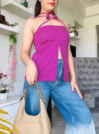 Magenta Pinstripe Halter Neck Slit Top
