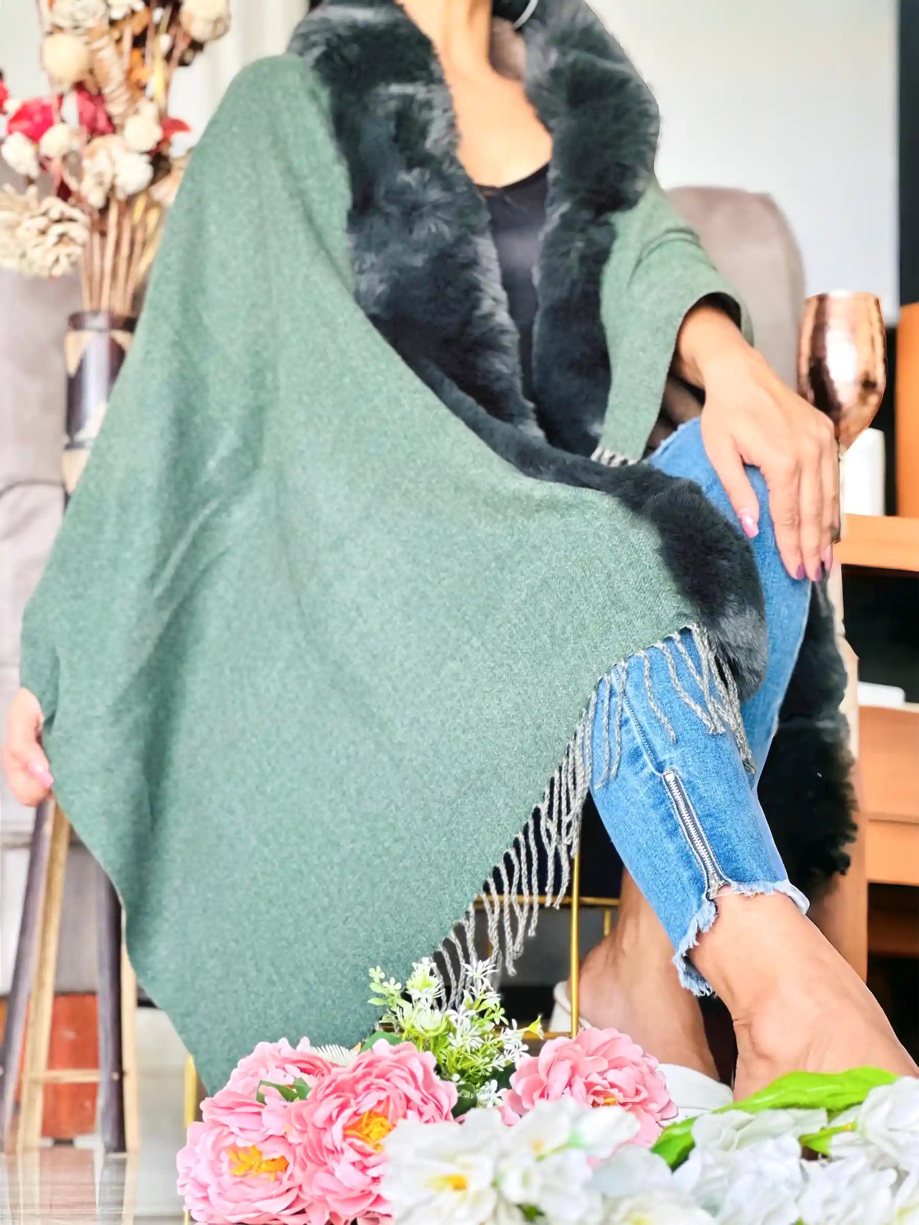 Soft Green Fur Winter Cape