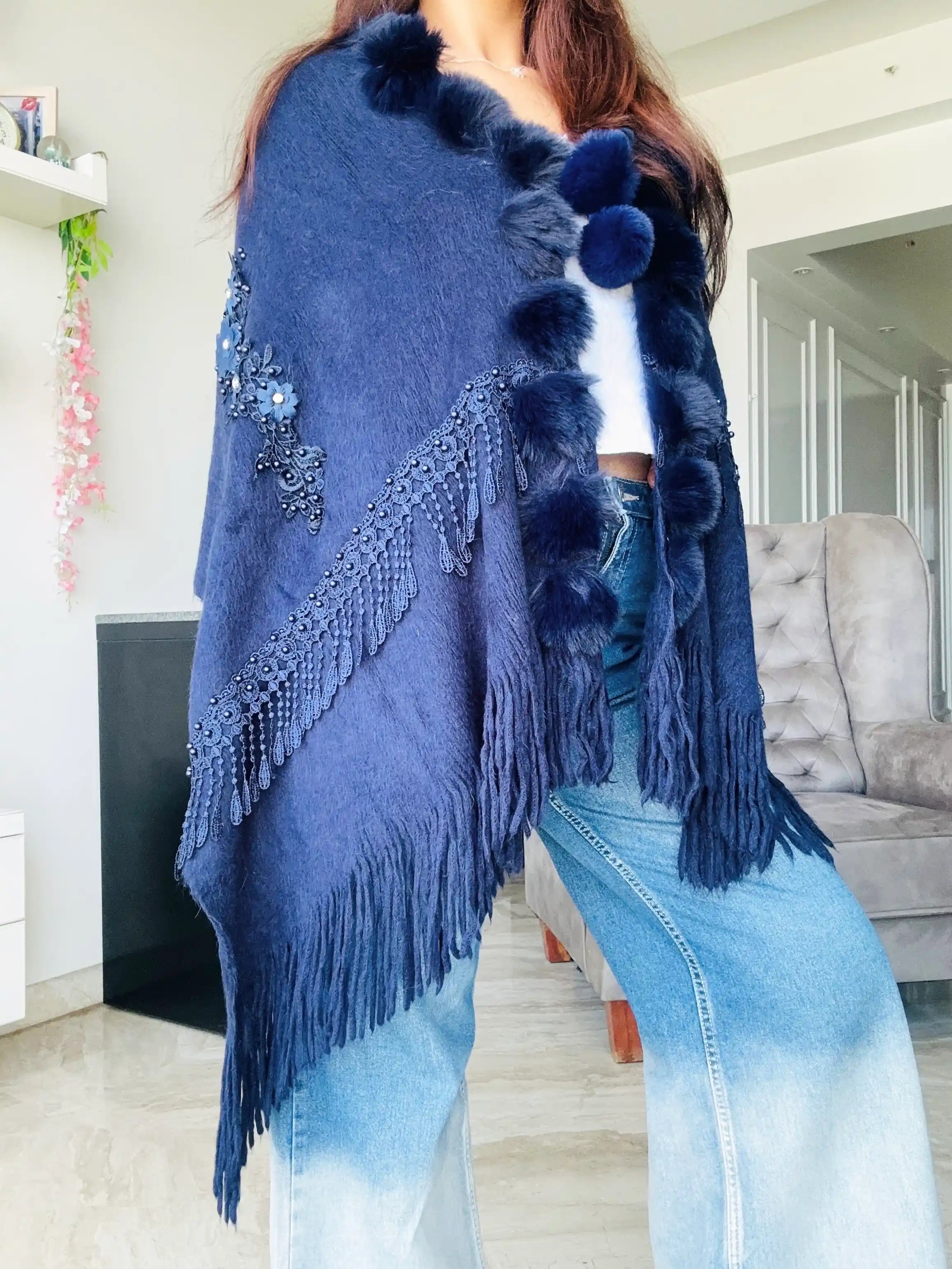 Royal Blue Fur Winter Cape