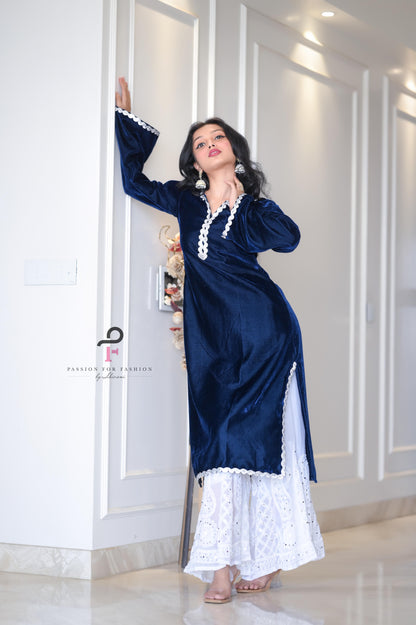 Monochrome Blue Velvet Gulnaz Kurta