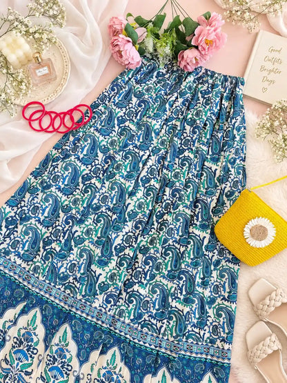Blue Paisley Jaipuri Flared Cotton Skirt