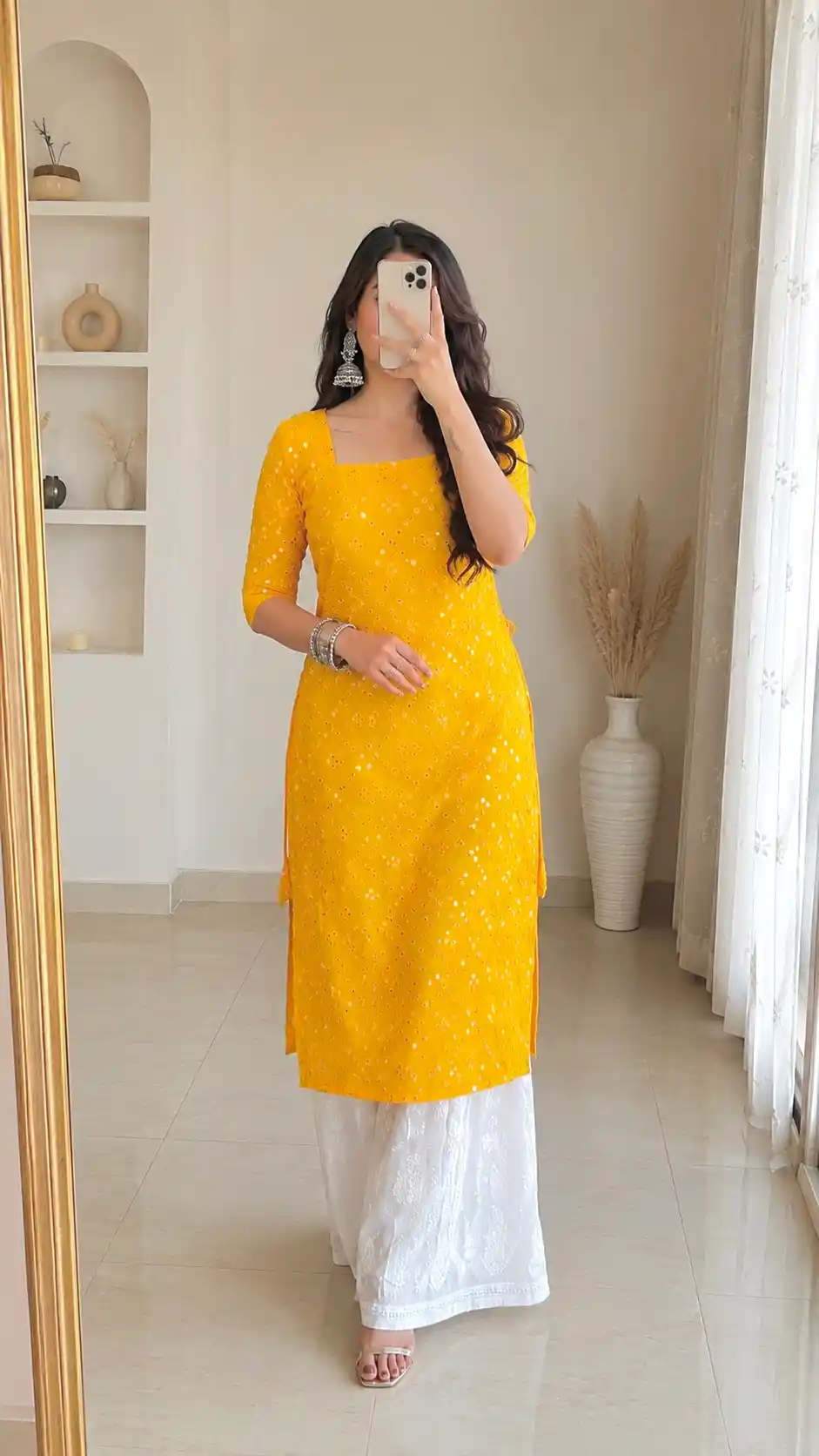Santoshi’s Yellow Mirror Embroidered Gulnaz Kurta