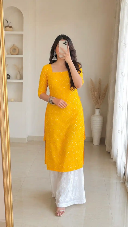 Santoshi’s Yellow Mirror Embroidered Gulnaz Kurta