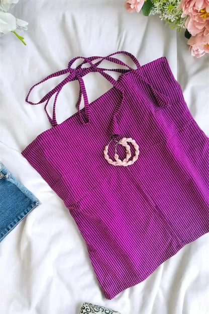 Magenta Pinstripe Halter Neck Slit Top
