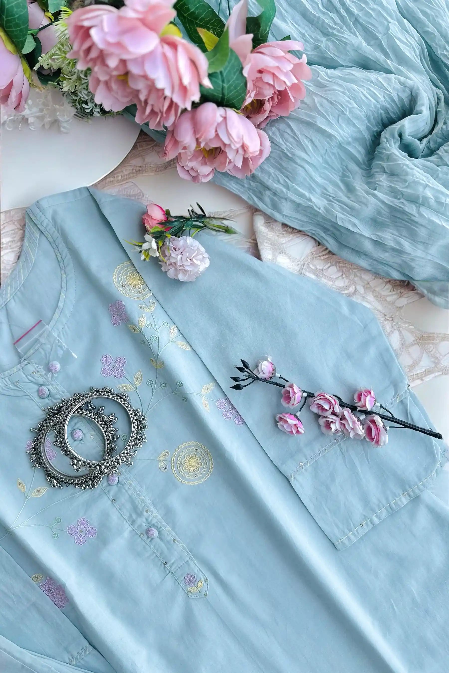 Pastel Aqua Blossom Kurta Set