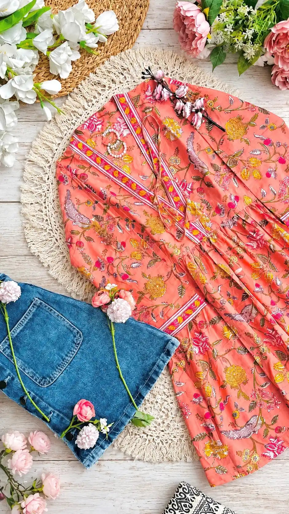 Pretty Peach Kalamkari Short Denim Kurta