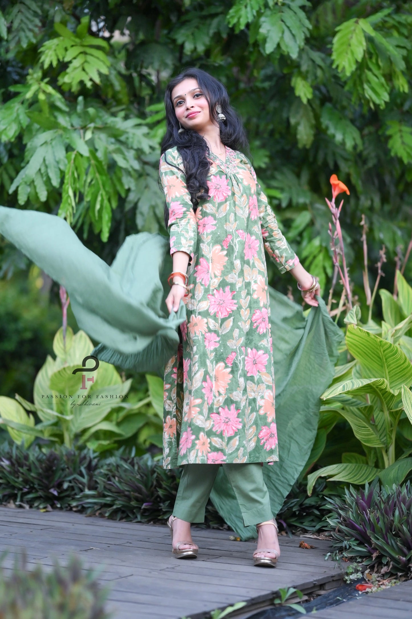 Meher Green Embroidered Floral Suit Set