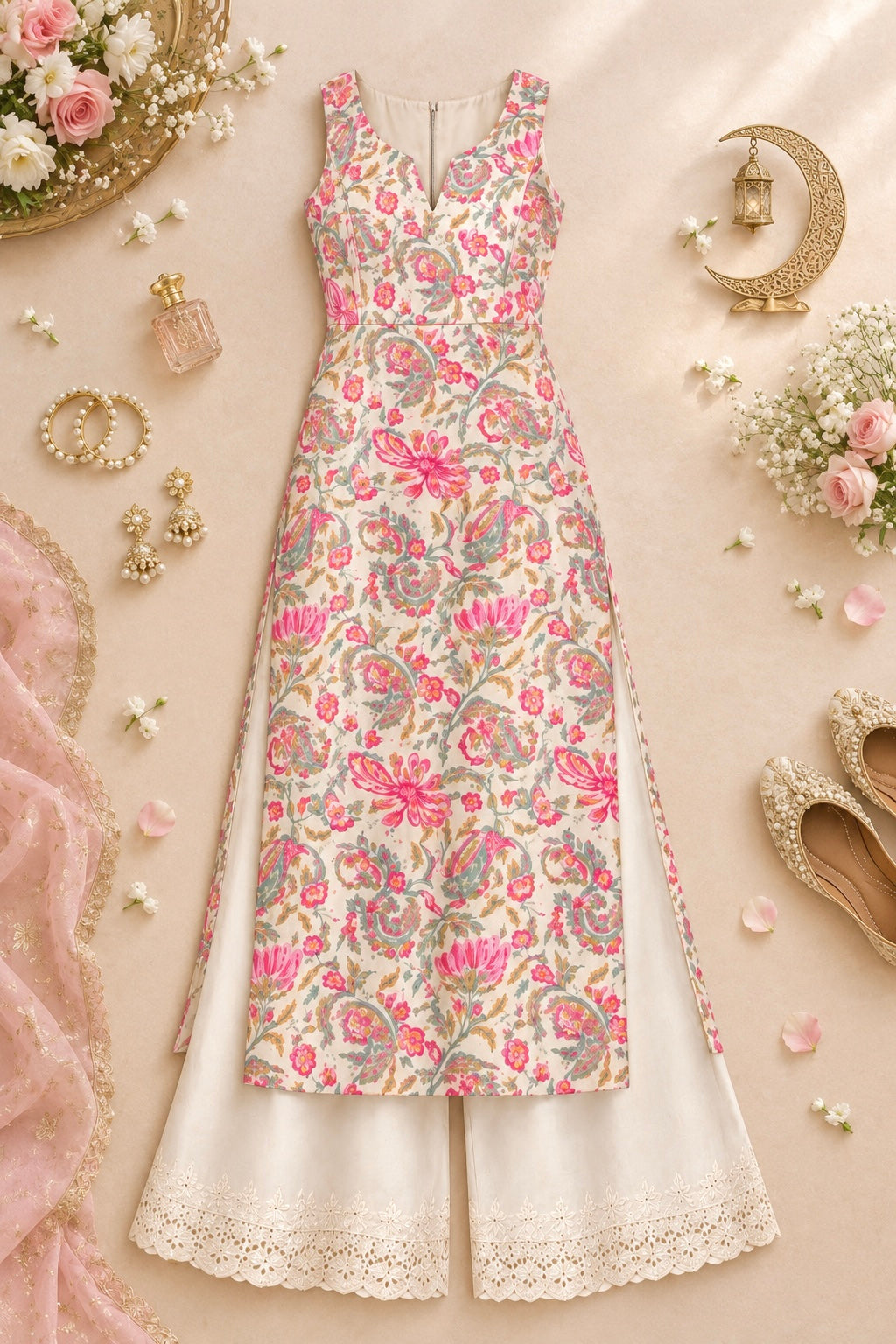 Gulnaz Ivory Paisley Floral Printed Kurta