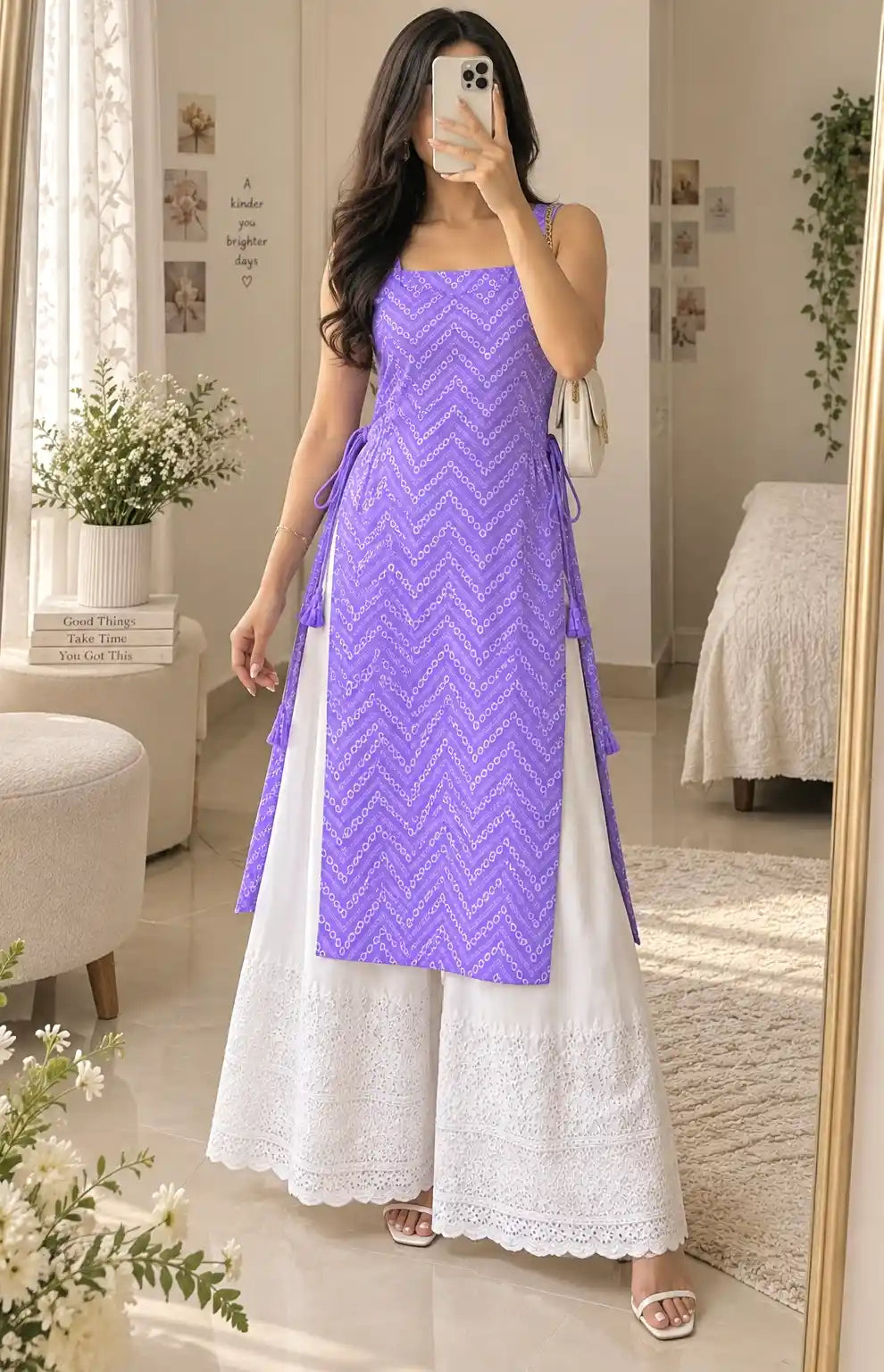 Gulnaz Lavender Chevron Embroidered Kurta