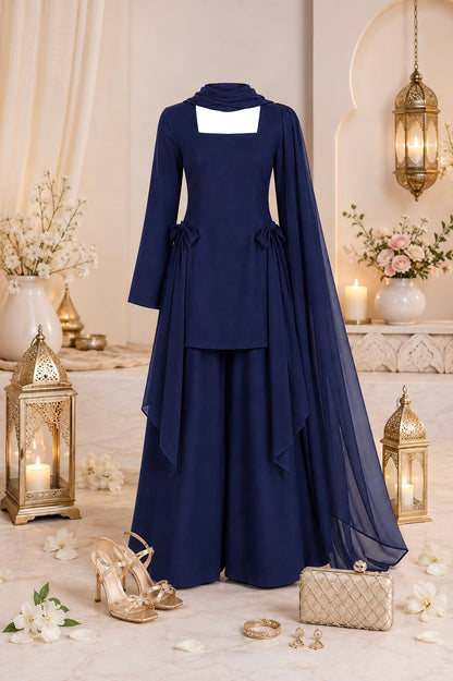 Midnight Blue Bow Styled Kurta Set