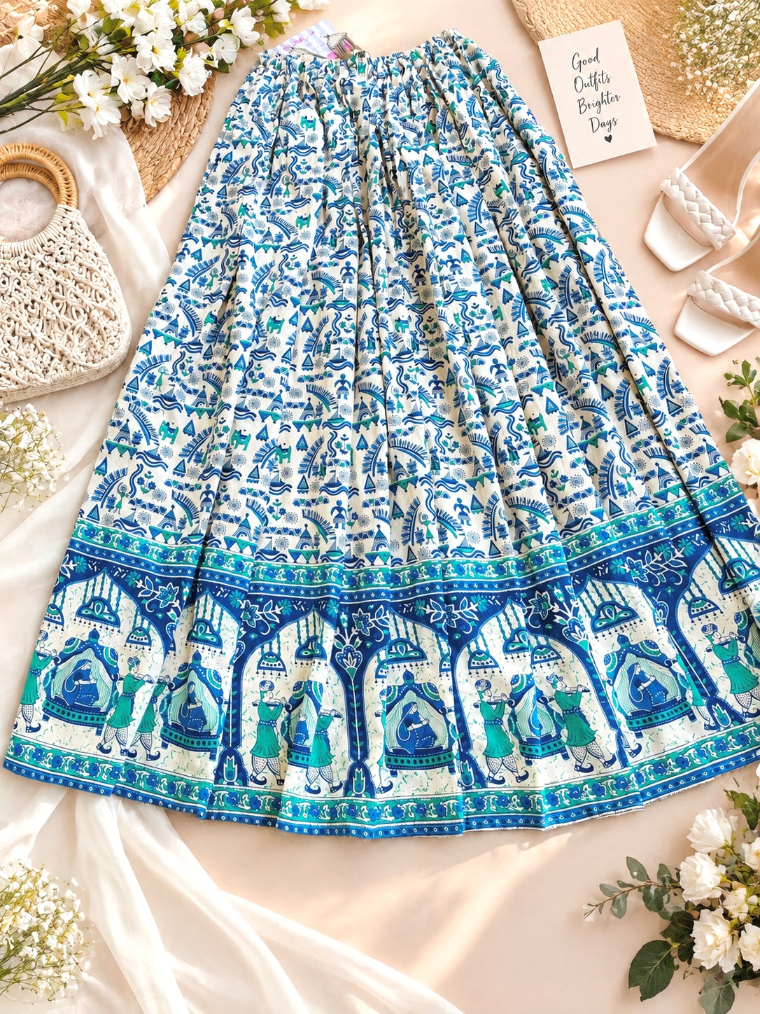 Blue Jaipuri Folk Art Printed Twirl Skirt