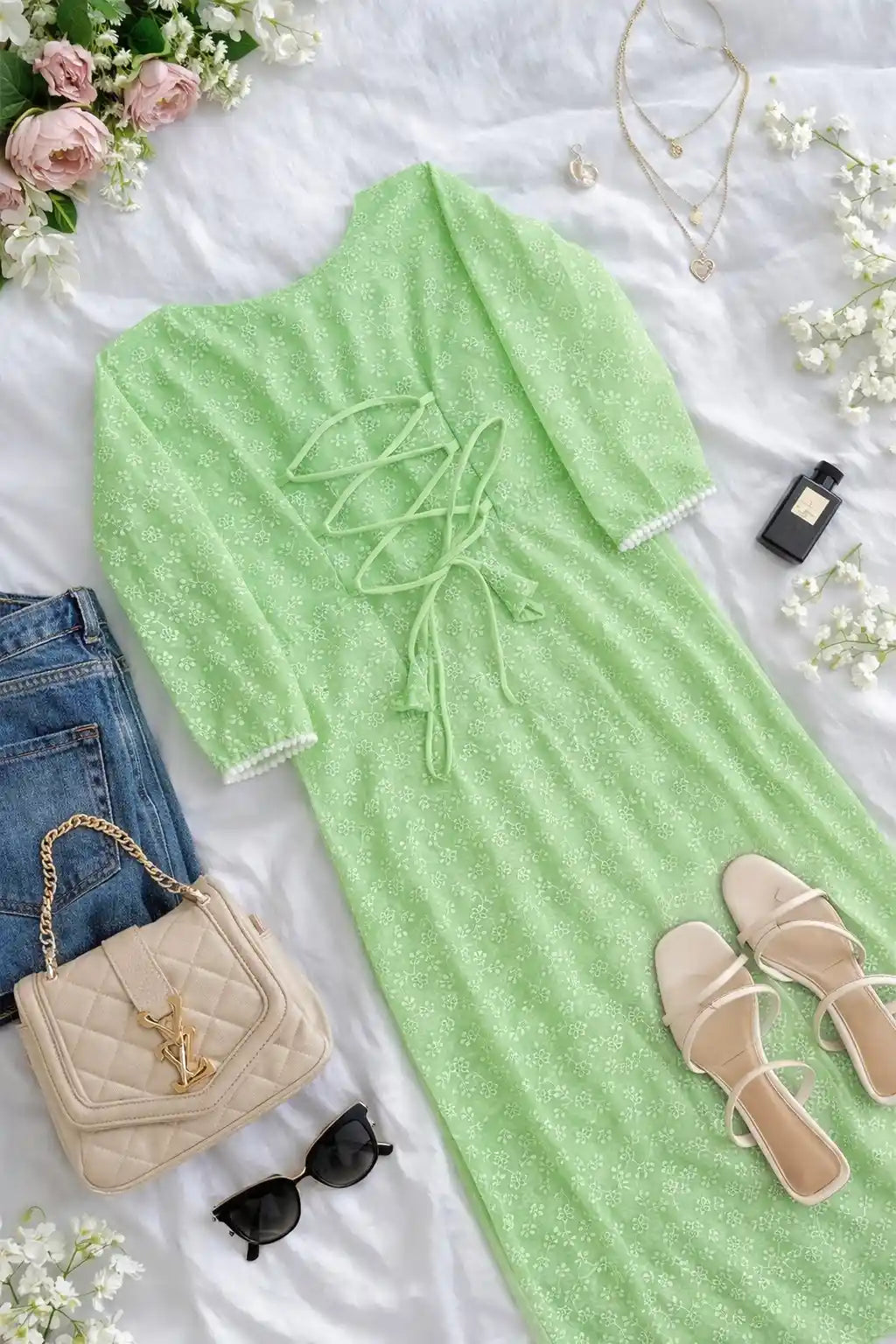 Gulnaz Mint Chikankari Lace-Up Kurta