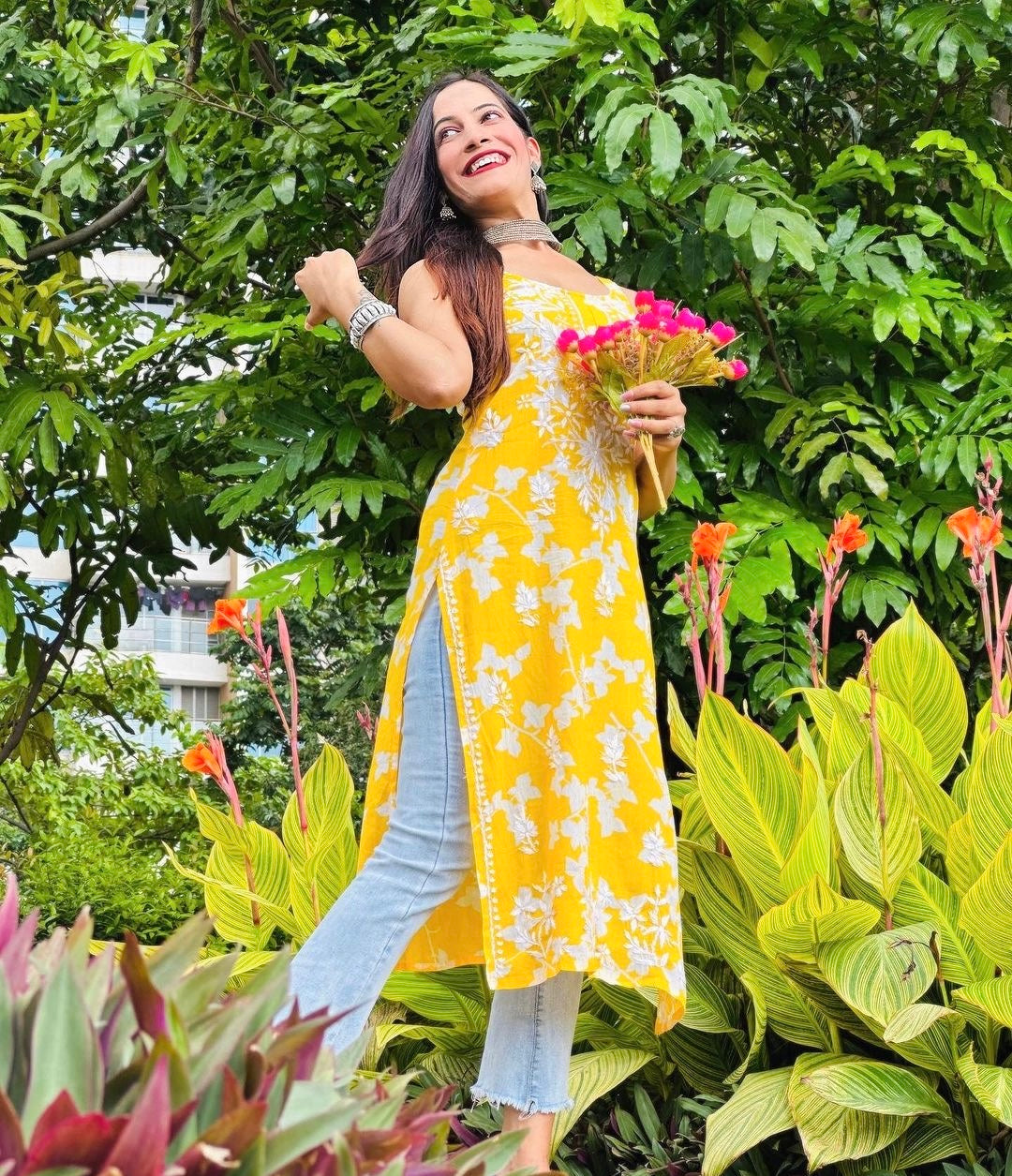 Sunrise Yellow Anokhi Mul Slit Chikan Kurta