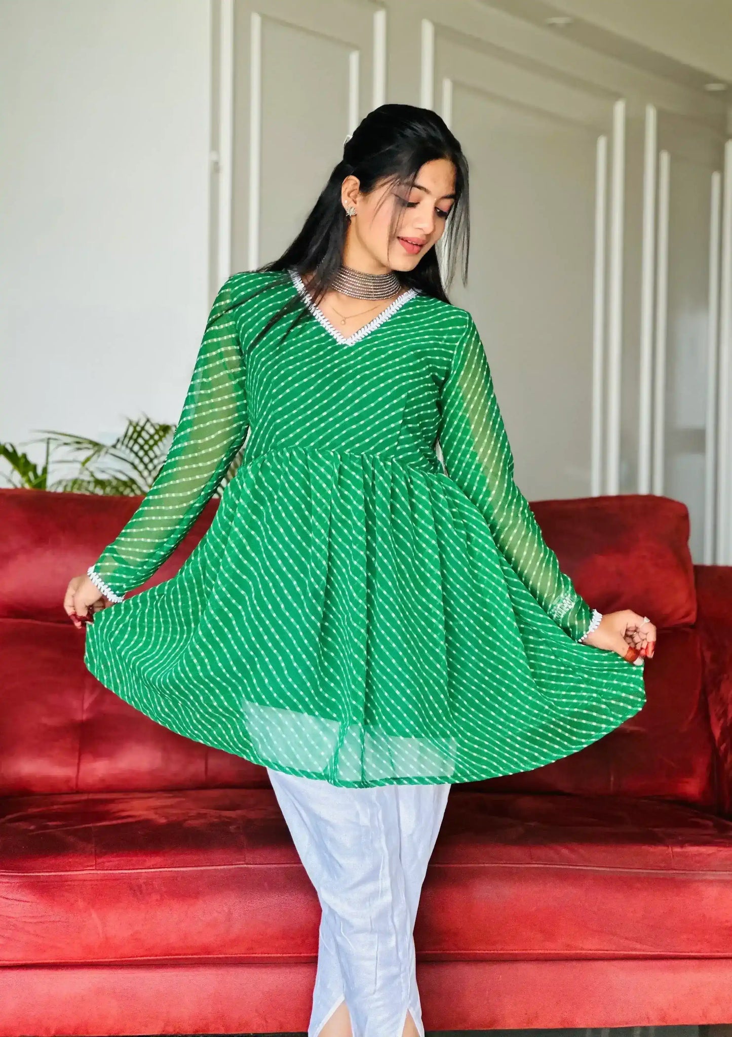 Bandhej Green Peplum Top