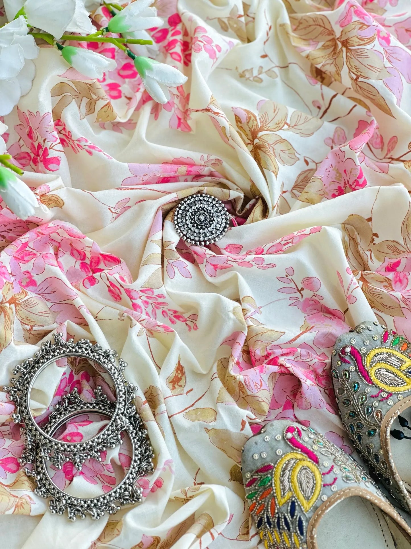 Classic Cream Pink Floral Handprinted MulMul Fabric Cut