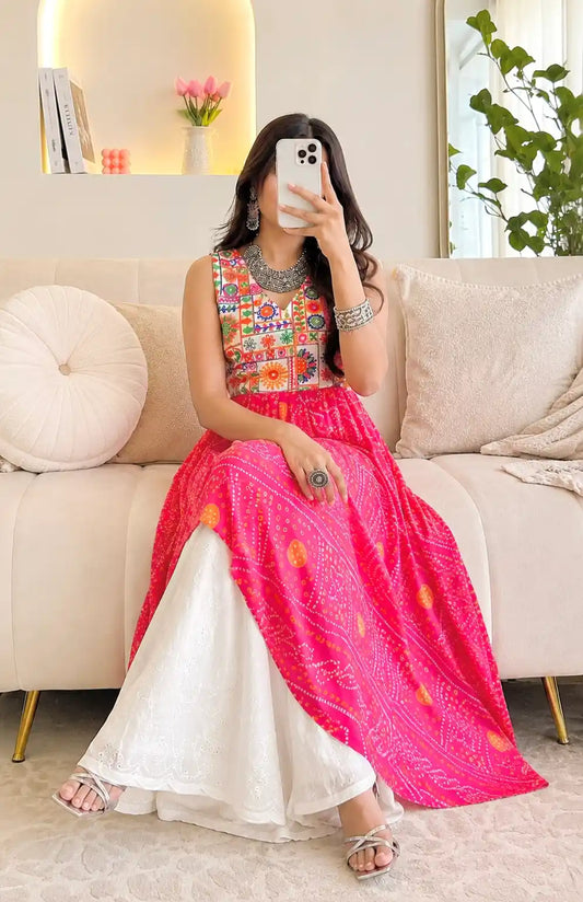 Rosy Pink Bandhej Gulnaz Embroidered Kurta