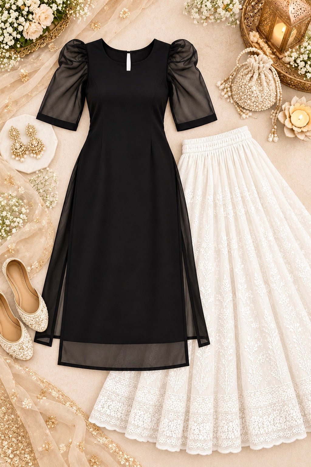 Sheer Black Puff Sleeves Kurta