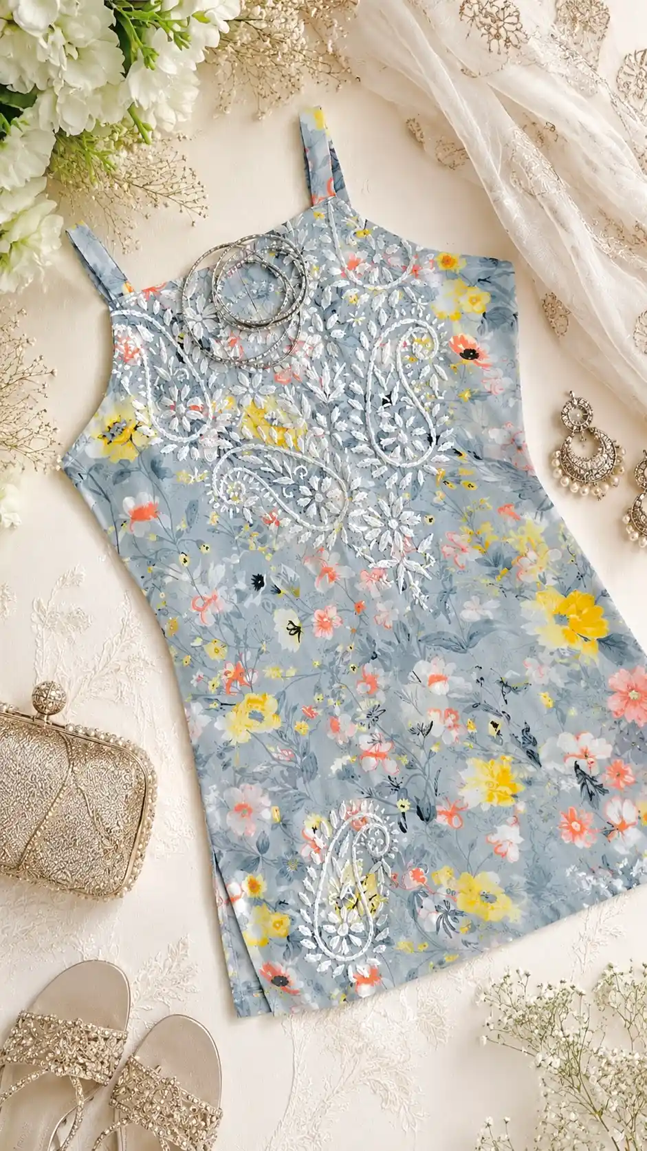 Colorbliss Grey Naaz Chikan Short Kurta