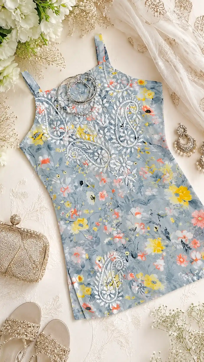 Colorbliss Grey Naaz Chikan Short Kurta