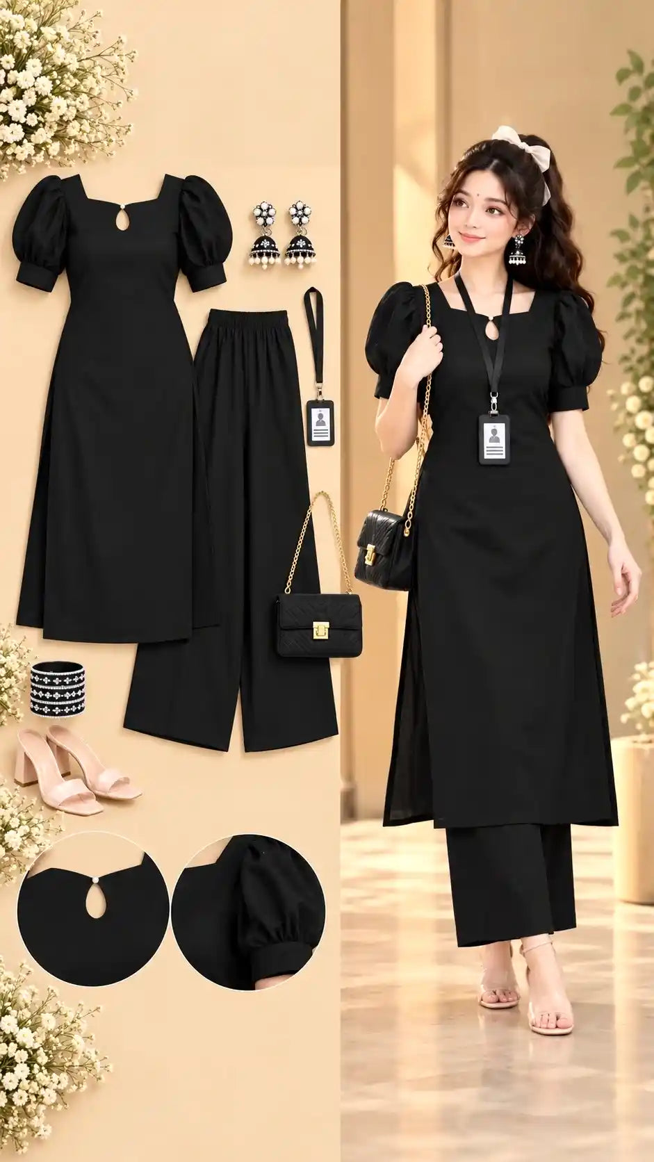 Black Elegance Puff Sleeve Kurta Set