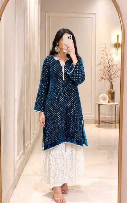 Gold Turquiose Embroidered Gulnaz Kurta