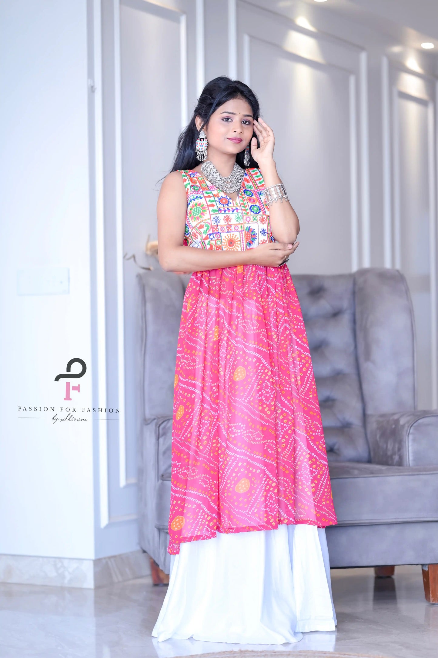 Rosy Pink Bandhej Gulnaz Embroidered Kurta