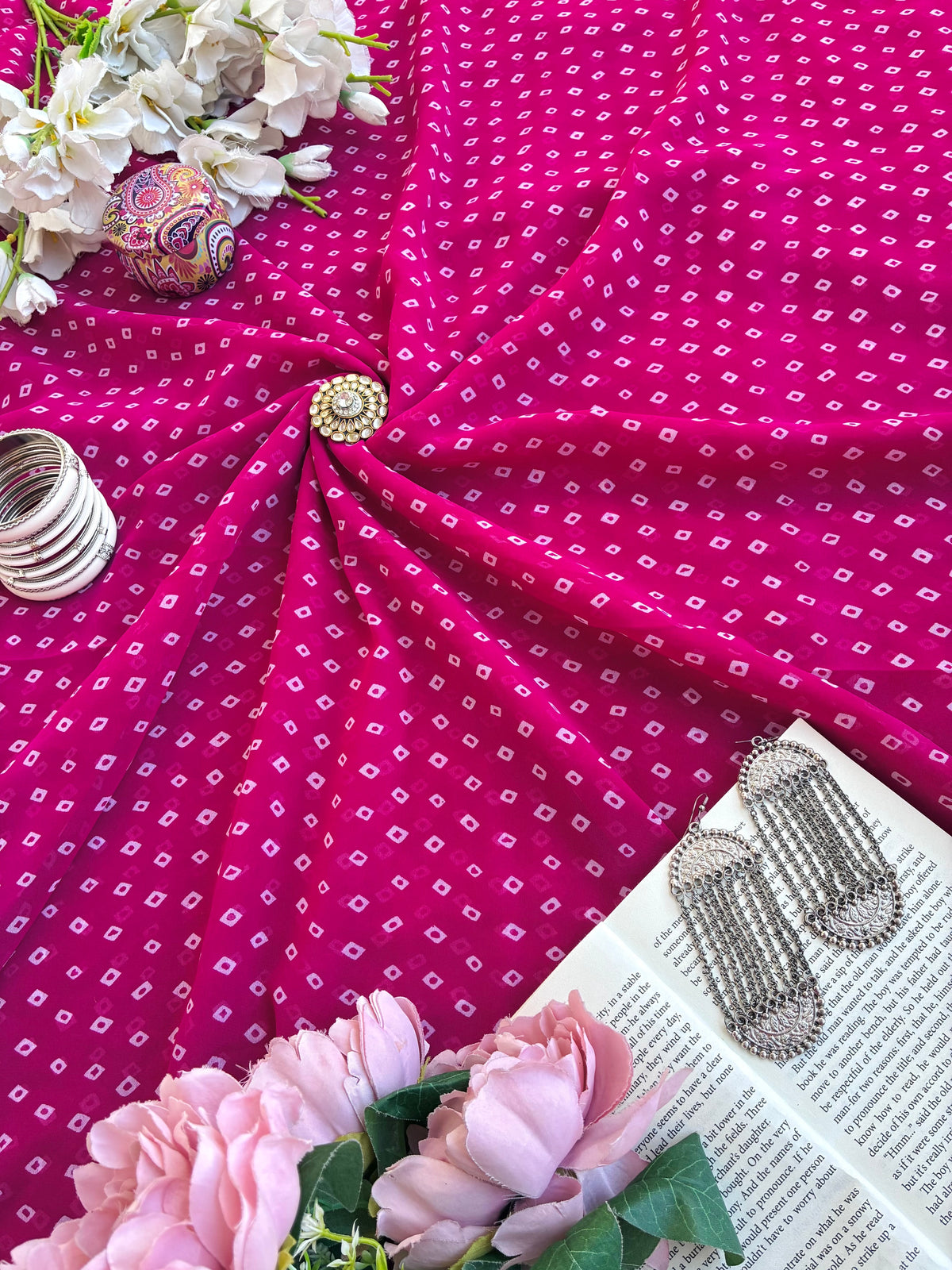 Fuchsia Pink Bandhej Gulnaz Fabric Cut