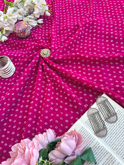 Fuchsia Pink Bandhej Gulnaz Fabric Cut
