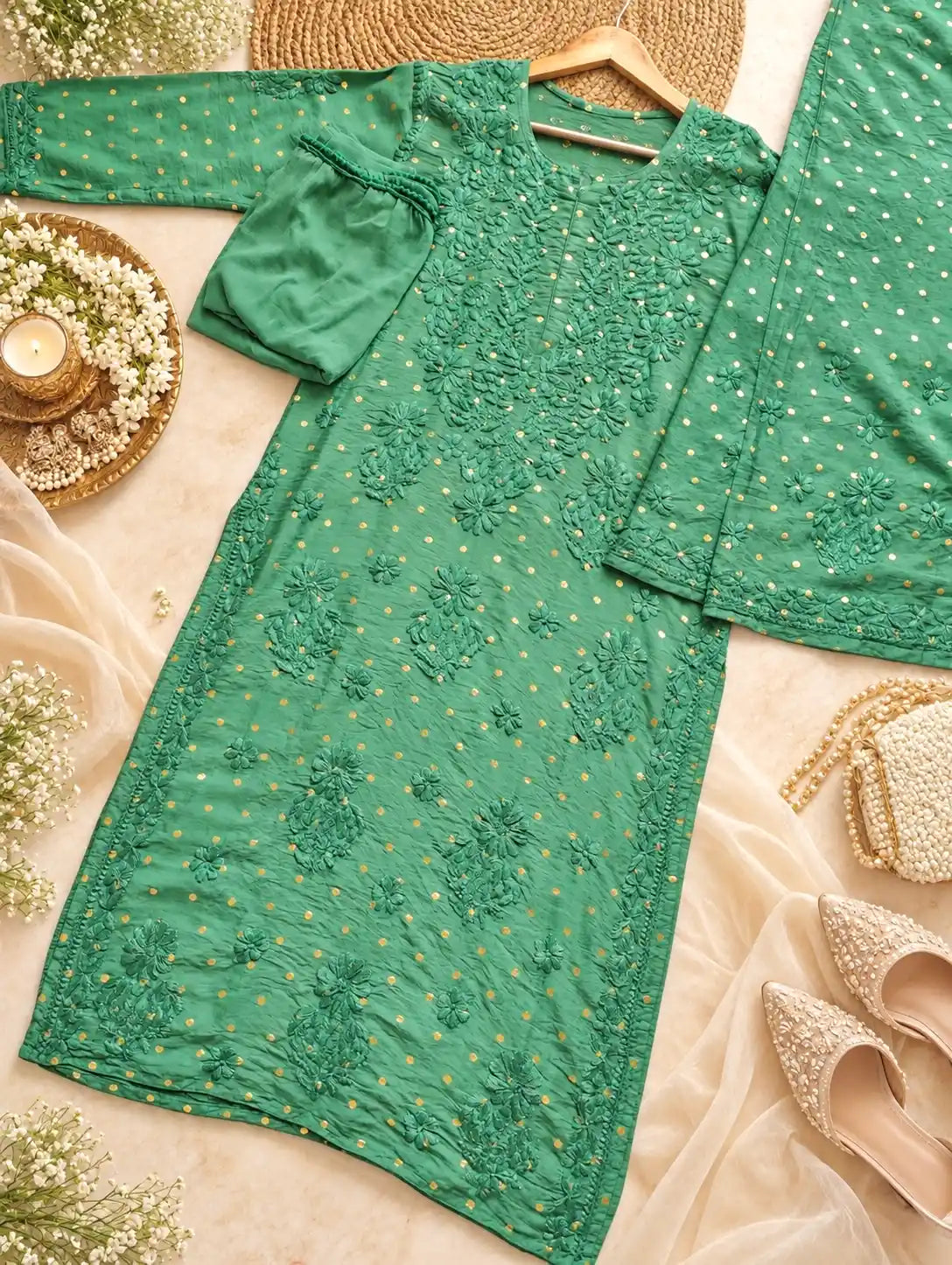Emerald Green Chikankari Embroidered Suit Set
