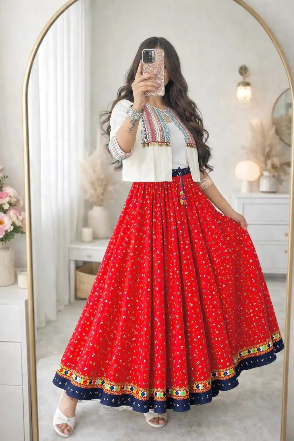 Red Bandhej Jaipuri Twirl Skirt