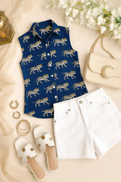 Blue Tiger Cute Collar Shirt